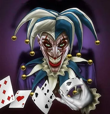 A clown holding a deck of playing cards