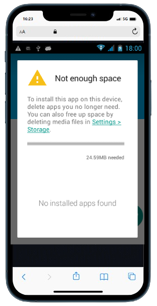 A cell phone displaying downloading error: Not enough space on device
