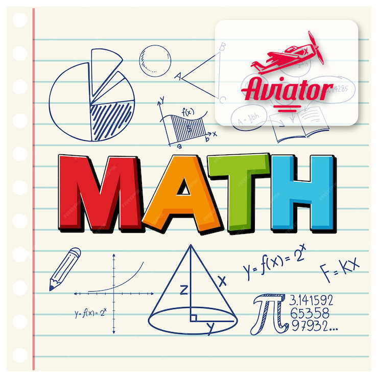 A copybook with math graphics background and Aviator game logo with text 'Math'
