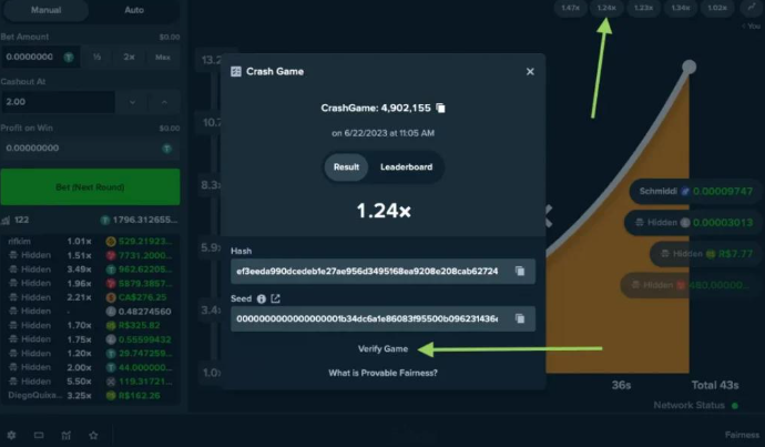 Provably fair verification system displaying hashes and game seed values
